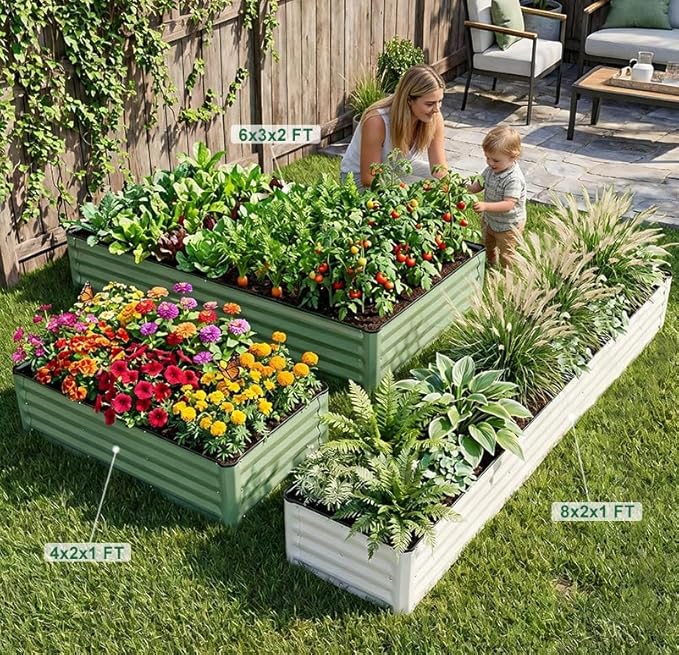 Galvanized Raised Garden Bed – 1 Pack 8x2x1 Ft Patented Leak-Proof Planter Box Outdoor Gardening Metal Raised Garden Beds Kits for Veggies, Herbs & Flowers (White)
