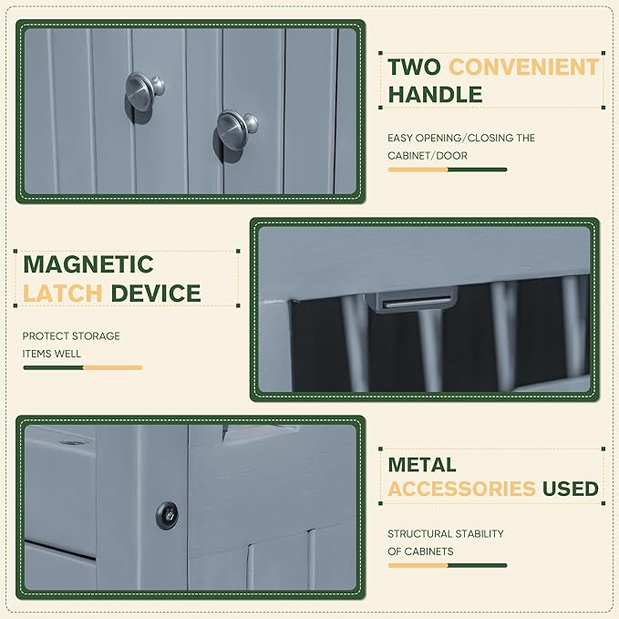 Greesum 2-Tier Outdoor Storage Cabinet in Acacia Wood, with 2 Magnetic Doors, for Garden, Picnic, Buffet, TV Stand, or Bar Table, Grey