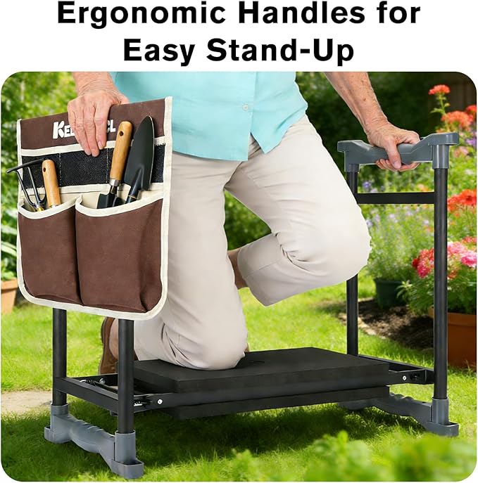 Garden Kneeler and Seat with Umbrella, 2-in-1 Foldable Gardening Stool with Adjustable Bracket, Detachable Tool Bags, Heavy Duty Kneeling Pad for Gardening (Brown)