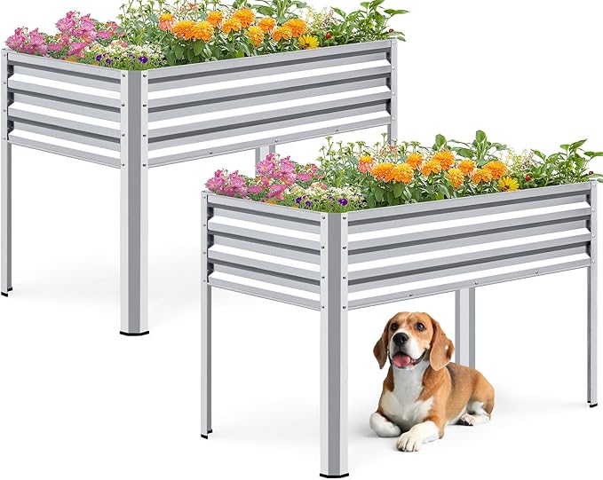KING BIRD Large Raised Garden Bed with Legs Galvanized Elevated Planter Box 48×24×32 in for Backyard, Patio, Balcony, 400lb Capacity, Silver 2pcs