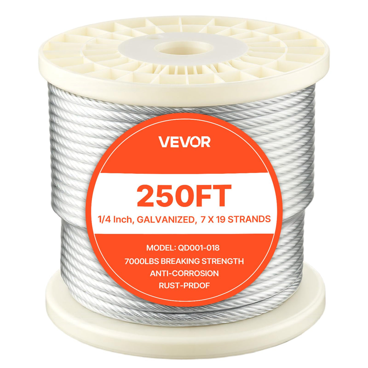 Wire Rope, 1/4" 250 ft Zinc Galvanized Carbon Steel Cable with Gloves, 7000 lbs Breaking Strength, 7 x 19 Strands Construction Marine Aircraft Grade for Handrail Stair Decking Fence Outdoors