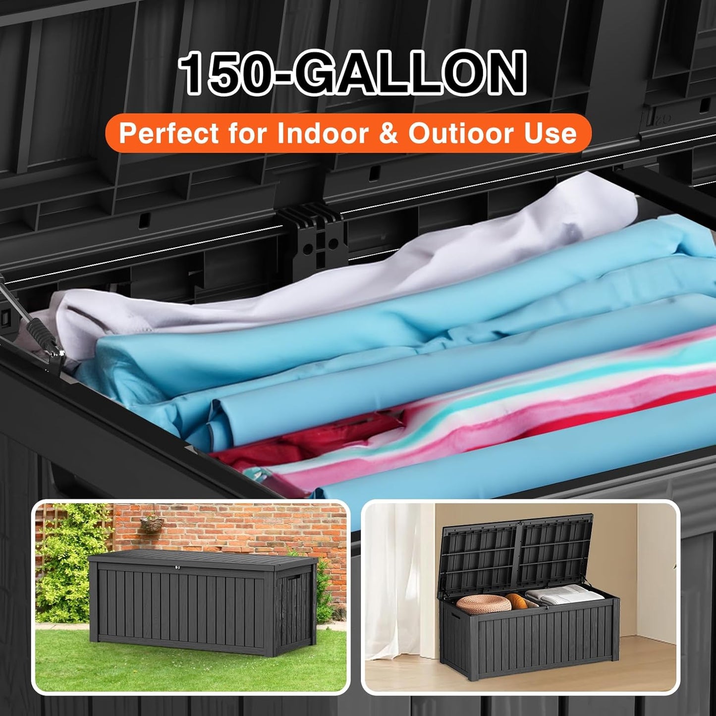 180 Gallon Waterproof Large Resin Deck Box Indoor/Outdoor Lockable Storage Container and Seating for Garden, Pool, and Patio (180 Gallon, Black)