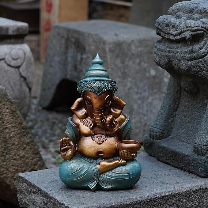 Ganesh Statue 12.6inch Outdoor Garden Ornament with Tealight Candle Holder,Resin Hindu God Buddha Art Craft Gift Decor for Home,Multi Colored
