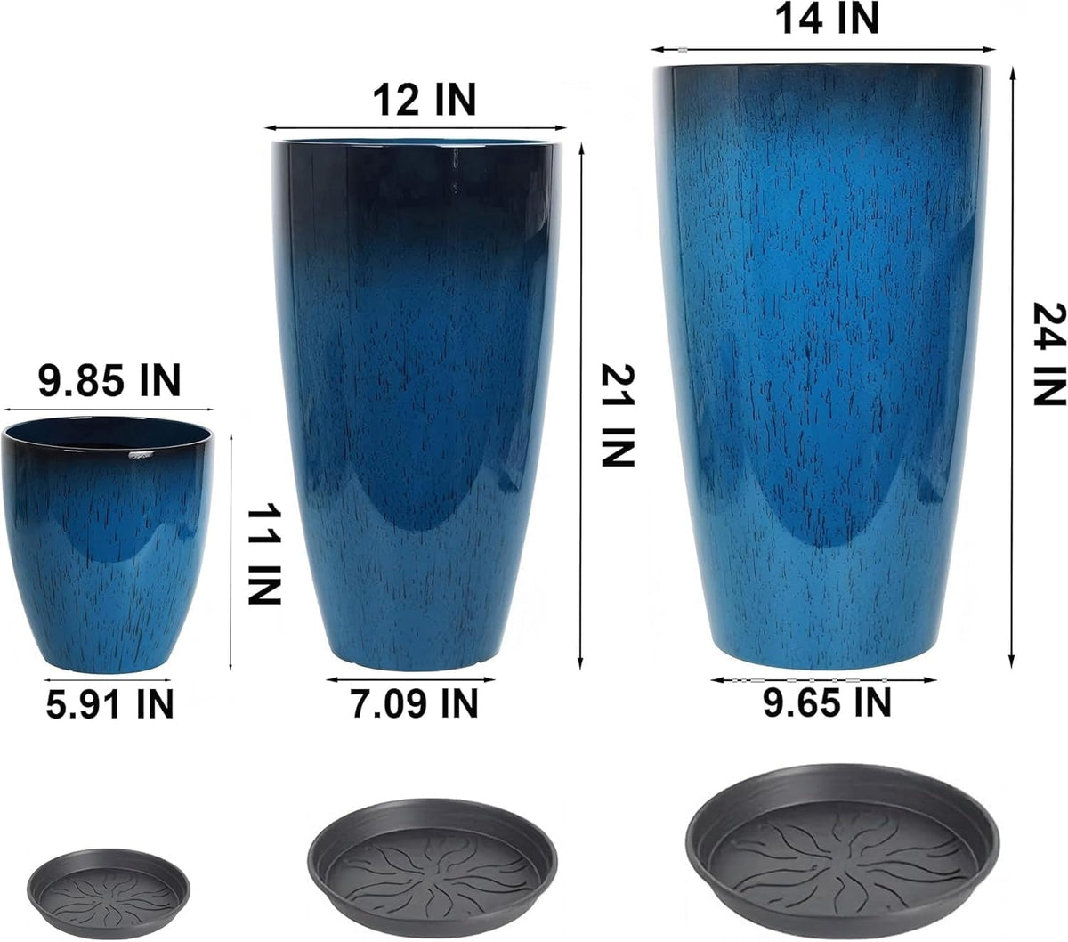 24,21,11 Inch Large Plastic Planters with Drainage Hole and Saucer - Set of 3 Tall Plant Pots Indoor Flower Pot Tall Round Planters Outdoor Large Tall Planter