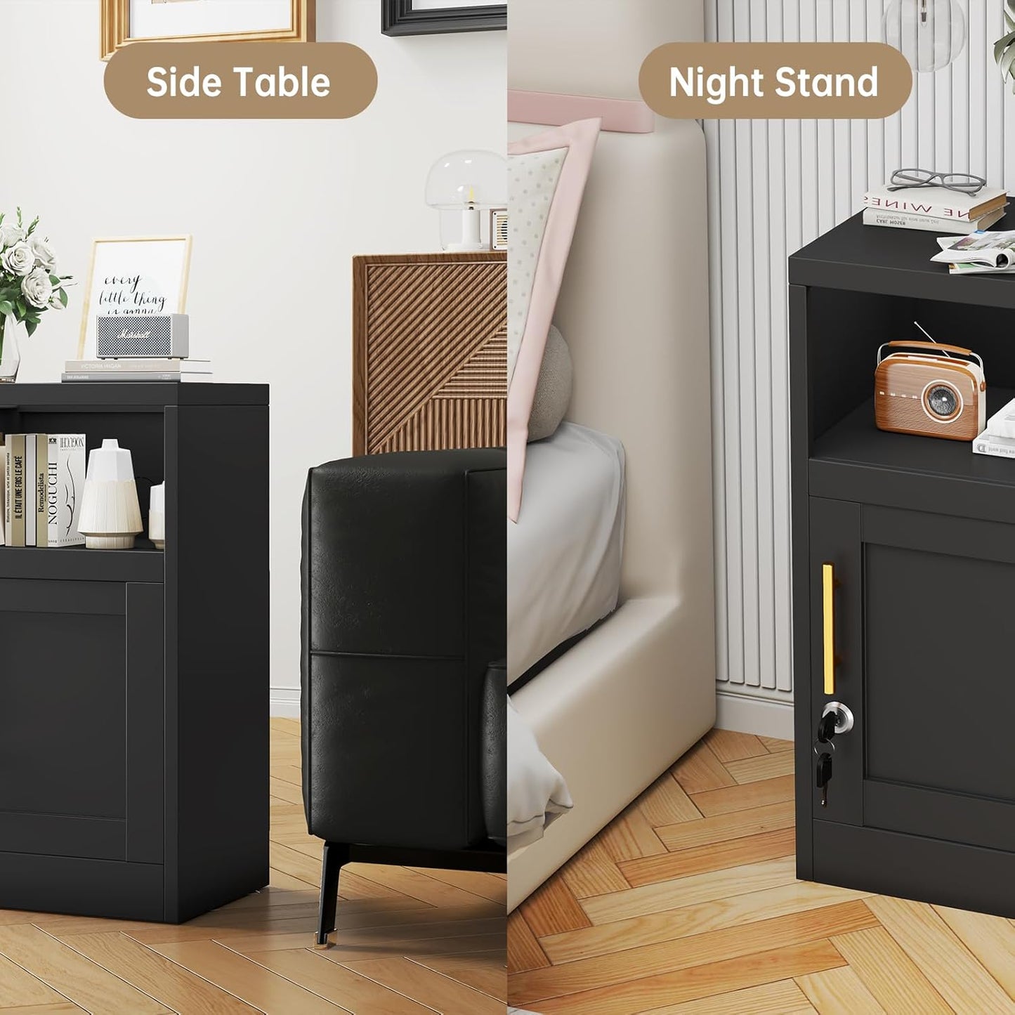 27" Metal Nightstand with Locked Doors, Small Sidetable with Storage Shelf, Storage Cabinet for Bedroom, Metal End Table for Home, Office Black