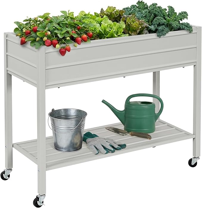 ZORMY 32" Tall Galvanized Raised Garden Bed with Legs Wheels & Shelf, Elevated Planter Box Outdoor for Vegetables, Herbs & Flowers, Patio & Backyard, Garden Bed with 400lb Capacity,Grey