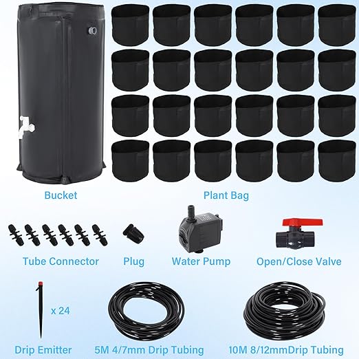 Auto Drip Irrigation System Kits, with 26 Gallon Bucket, 25W Water Pump, 24 Drip Emitters, 24 Planting Bags for Indoor and Outdoor Automatic Watering System for Grow Tent, Greenhouse, Lawn
