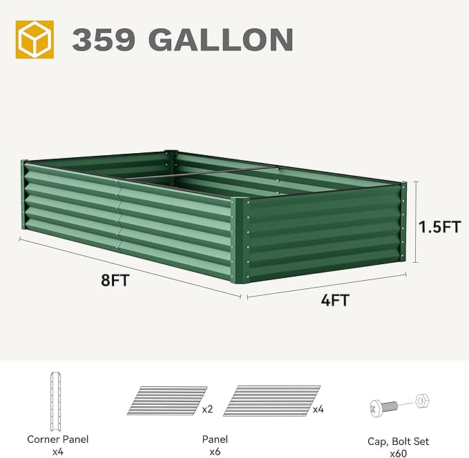 DWVO 8 x 4 x 1.5 FT Raised Garden Bed Kit, Outdoor Galvanized Flower Bed with Safety Rubber and Gloves, Large Metal Planter Box for Vegetables, Flowers, Herbs, Fruits, Green