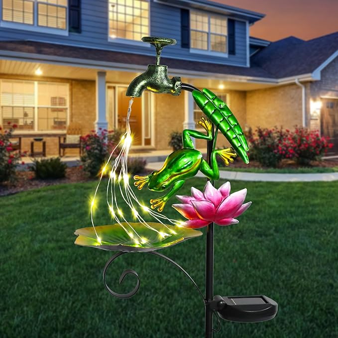 Solar Outdoor Lights Decorative Solar Frog Lights with Lotus Bird Feeder Faucet Shaped Lighted Garden Stake Decorations for Pathway Lawn Patio Courtyard Backyard