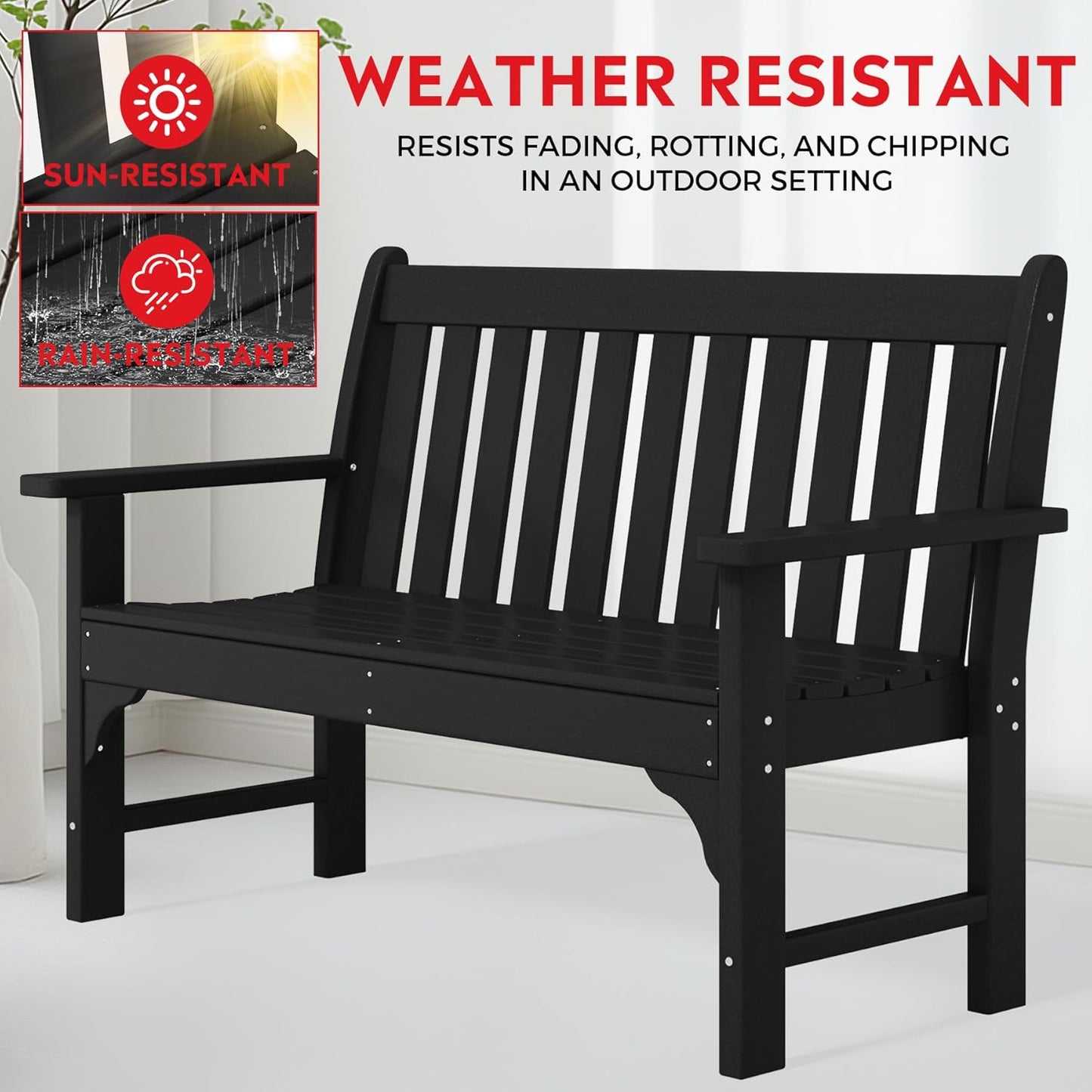 Garden Bench, Farmhouse Park Front Porch for Entryway Bench Outdoor Seating Low Bench Patio Bench Outside/Indoor, Black