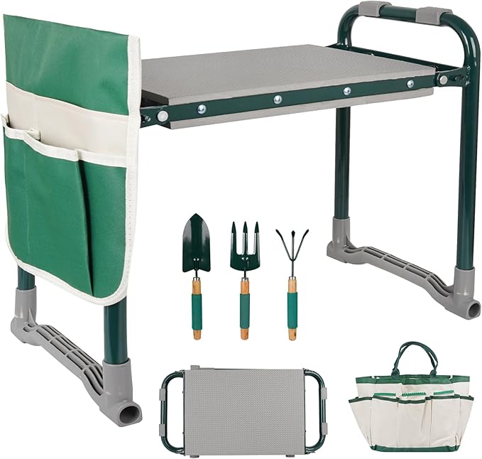 Garden Kneeler Seat Foldable Garden Stools Heavy Duty Gardening Bench for Kneeling and Sitting with Tool Pouch, Storage Bag and 3 Tools, Perfect Gardening Gifts for Parent Gardener
