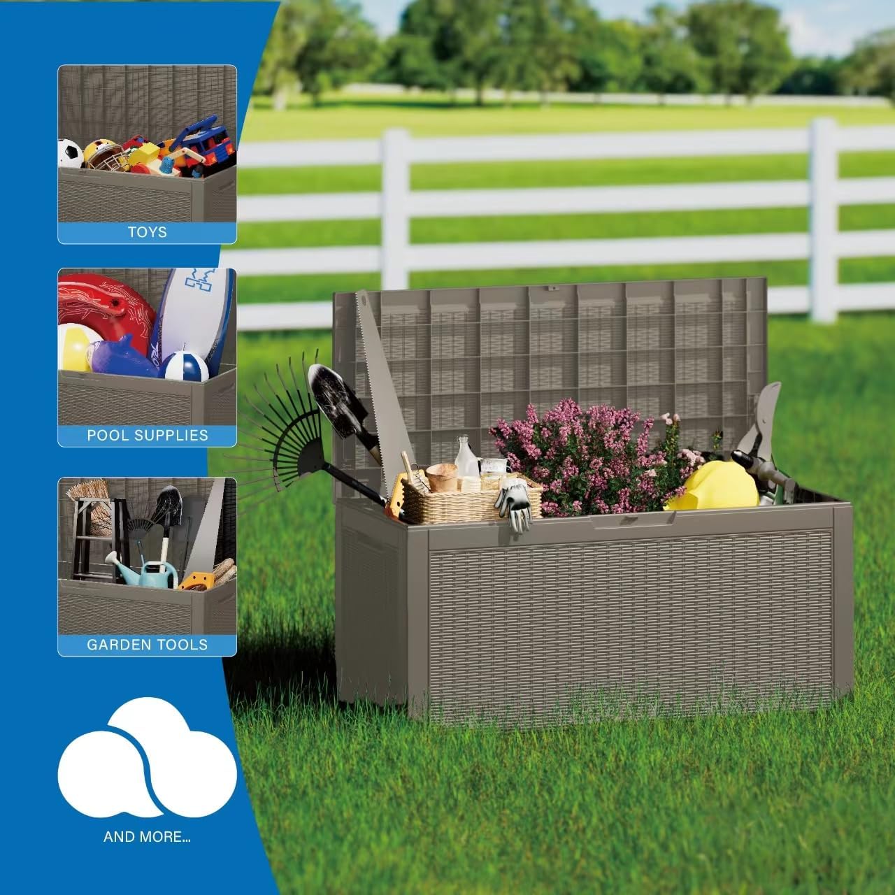 100 Gallon Deck Box, Resin Outdoor Indoor Waterproof Storage Box, Lockable Storage Box With Handle for Patio Furniture - Garden Tools - Swimming Pool Tools UV-Resistant, Brown