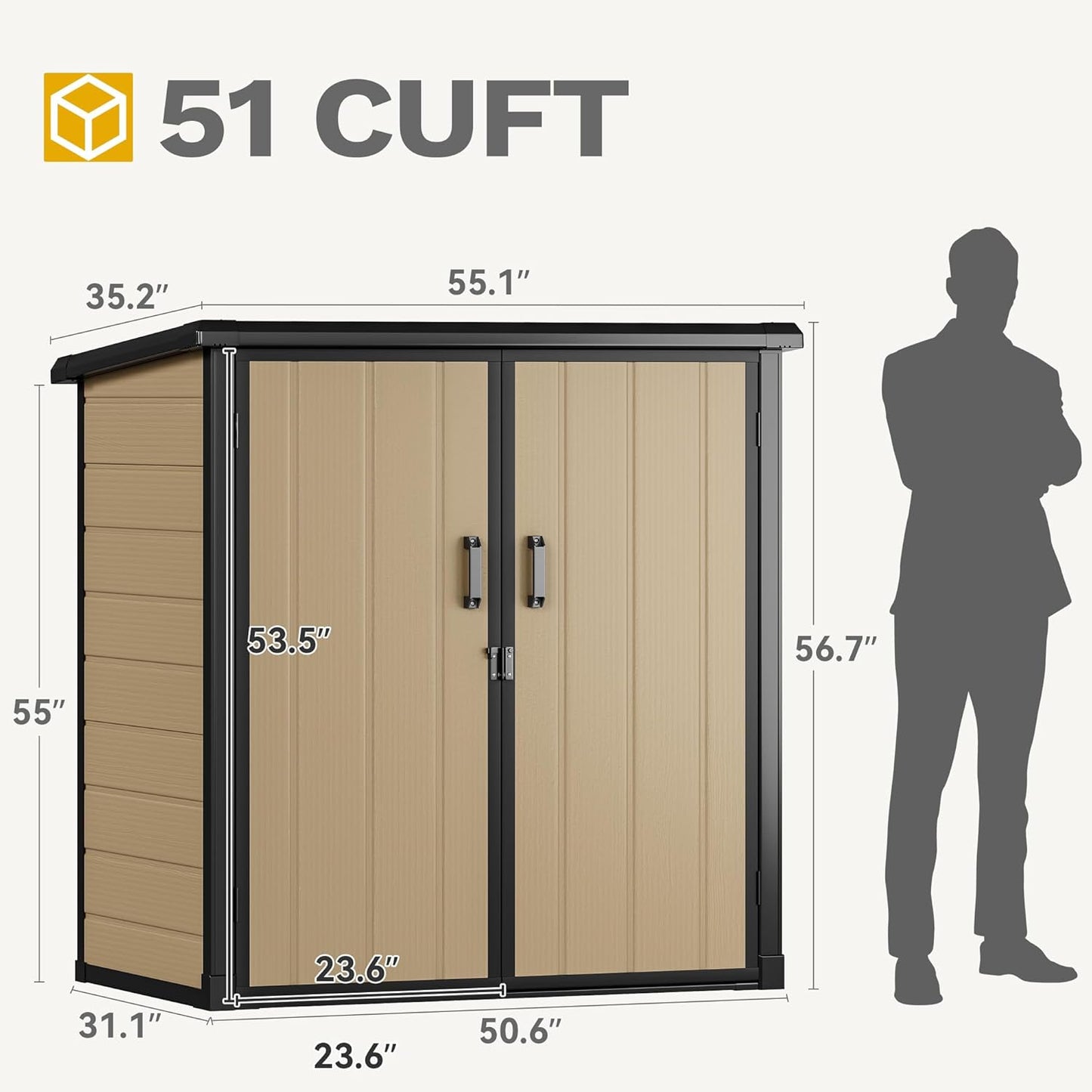 DWVO Outdoor Storage Shed with 2 Shelves, 51 Cu Ft Waterproof Resin Garden Shed with Floor & Lockable Door, Plastic Tool Cabinet for Garbage Cans, Lawn Equipment, Garden Supplies (Brown)