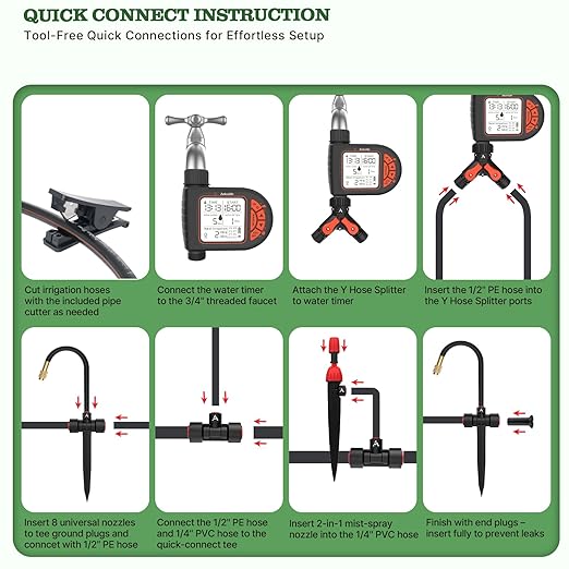 A ANLEOLIFE 82.4FT Automatic Drip Irrigation Kit with Water Timer, 8 Programs & LCD, Quick-Connect System, 1/2" Mainline + 1/4" Tubing, 360° Bendable Nozzles for Raised Beds, Garden & Greenhouse