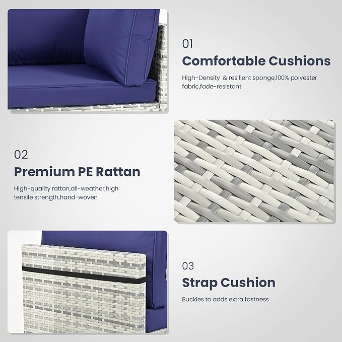 Pamapic 7 Piece Outdoor Sectional Sofa Set, All-Weather Patio Furniture with Washable Cushions, Waterproof Gray Rattan Wicker Conversation Set for Backyard, Poolside, Garden (Navy Blue Cushions)