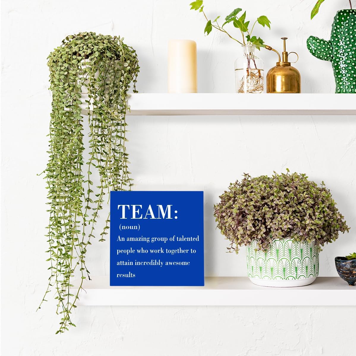 HTBIG Rustic Wooden Team Noun Office Decor Desk Sign, Blue