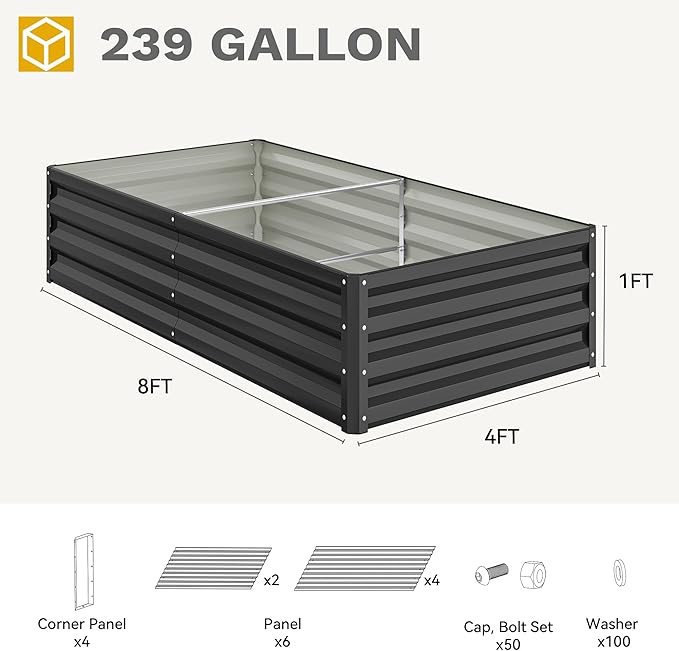 DWVO 2pcs 8 x 4 x 1 FT Raised Garden Bed Kit, Outdoor Galvanized Flower Bed with Safety Rubber and Gloves, Large Metal Planter Box for Vegetables, Flowers, Herbs, Fruits, Black