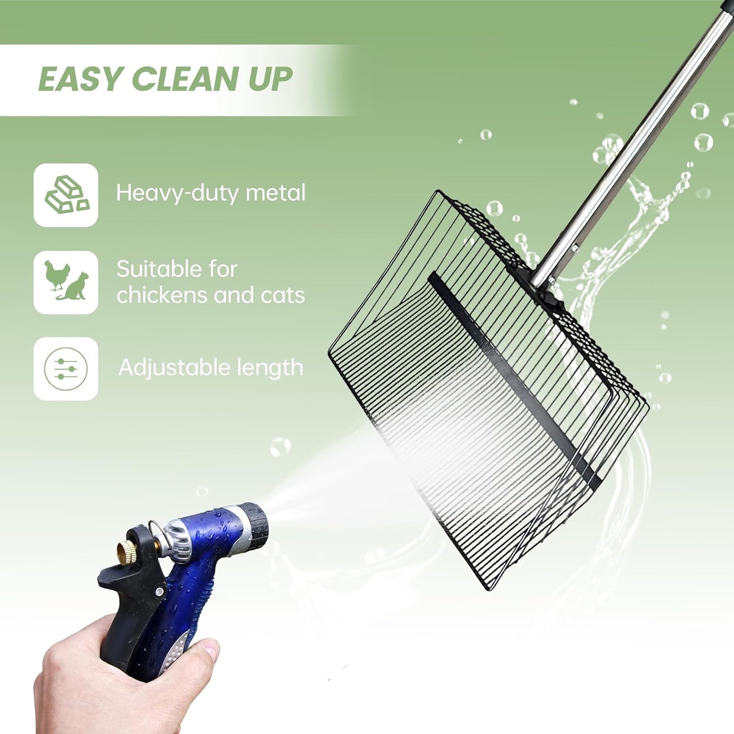 Chicken Poop Scooper for Sand + Work Gloves,Chicken Coop Scoop with 30" to 67" Adjustable Stainless Steel Long Handle,Sifting Shovel,Poop Scooper for Chicken Coop Rake,Farm Animals,Cleaning Tools