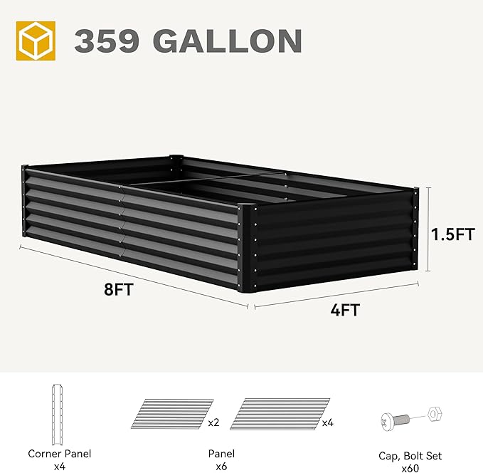 DWVO 2pcs 8 x 4 x 1.5 FT Raised Garden Bed Kit, Outdoor Galvanized Flower Bed with Safety Rubber and Gloves, Large Metal Planter Box for Vegetables, Flowers, Herbs, Fruits, Black