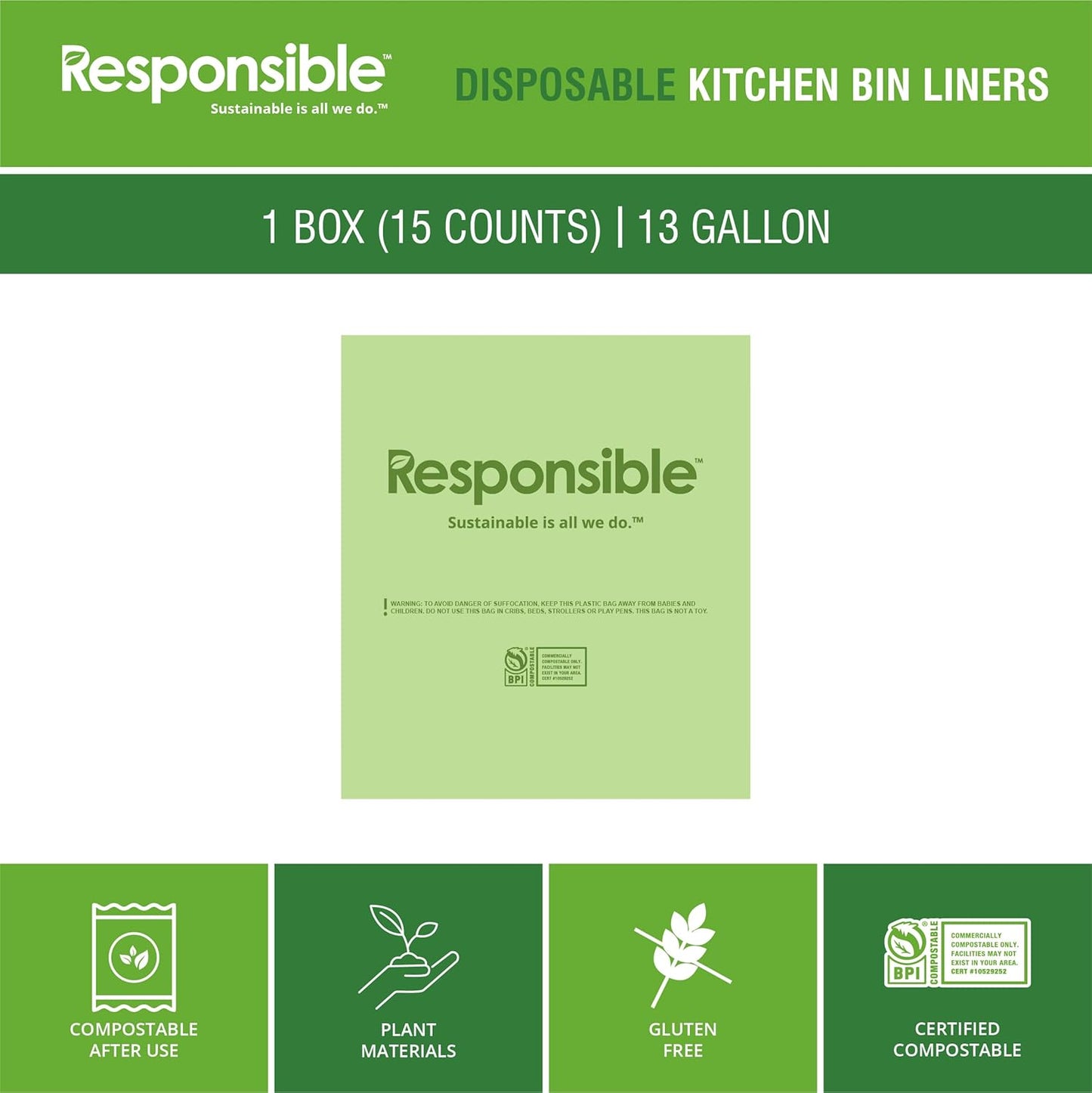 Kitchen Bin Liners, Certified Compostable, Heavy Duty Multipurpose Food Scrap Bags, Made from Compostable Materials (13 Gallon, 13 Gallon (15 Count))