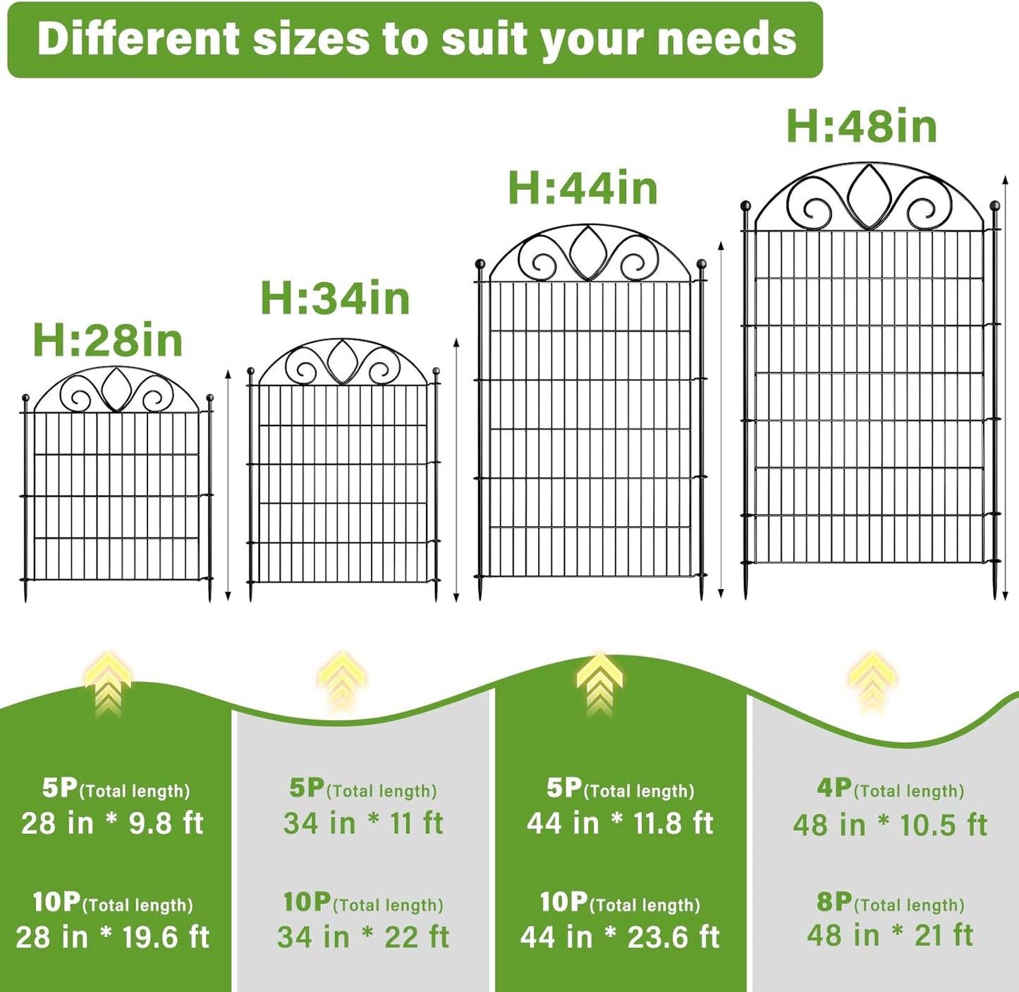 10 Panels No Dig Tall Garden Fence Panel – 44" H X 23.6' L Rustproof Metal Dog Fence Outdoor for Yard, Decorative Animal Barrier Fence for Pet, Garden Border, Patio, Flower Beds| Temporary Fencing