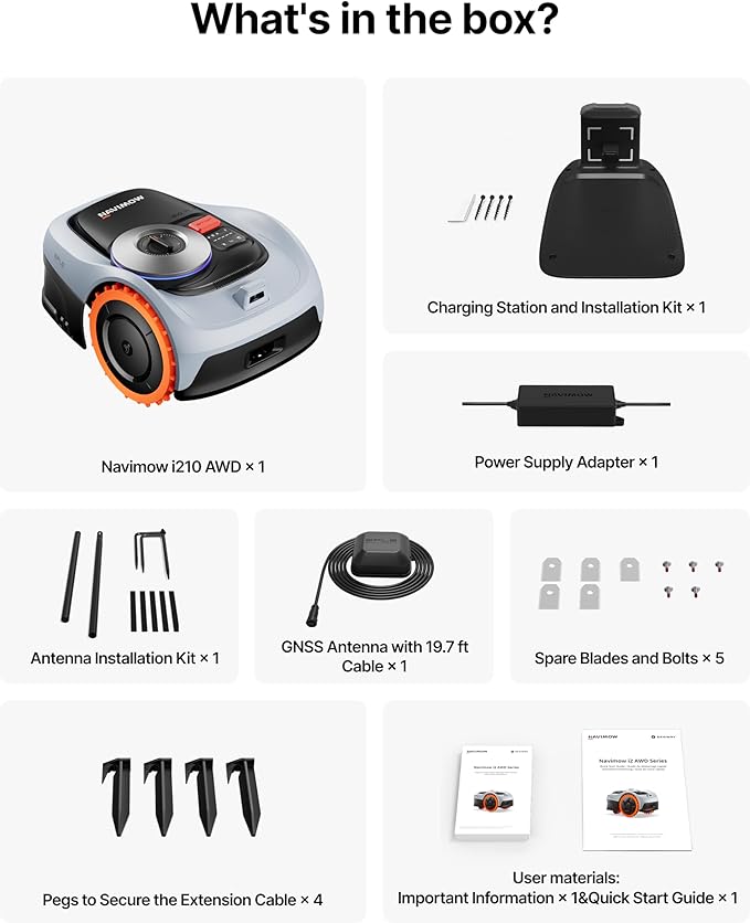 Segway Navimow i210 AWD Robot Lawn Mower Wire Free for 1/4 Acre, Zero Turn Robotic Lawn Mower with All-Wheel Drive for 45% Slopes, EFLS NRTK + Vision Auto Mapping, 5.1Ah Battery, Cutting Height 2-3.6"