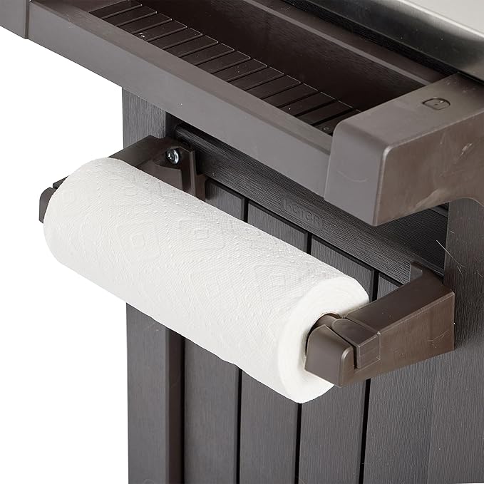 Keter Outdoor Grill Prep Table & Serving Cart, Stainless Steel Top, Unity, 40 Gal, Brown - Portable Bar Table and Cooking Accessory for Pool, Patio, Lawn, and Backyard