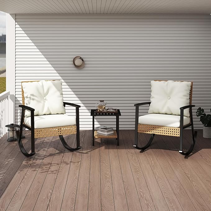 LEX CRAFT 3 Piece Outdoor Rocking Chairs, Outdoor Patio Furniture Set with Thick Cushion and Coffee Table, Rattan Rocking Bistro Set for Grand Porch Balcony Garden