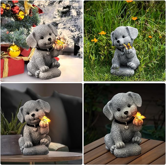 Solar Dog Garden Statue with Lantern Light – 8.2in Outdoor Dog Figurine for Women, Mom, Grandma,Garden Gifts,Home Decoration with Butterfly
