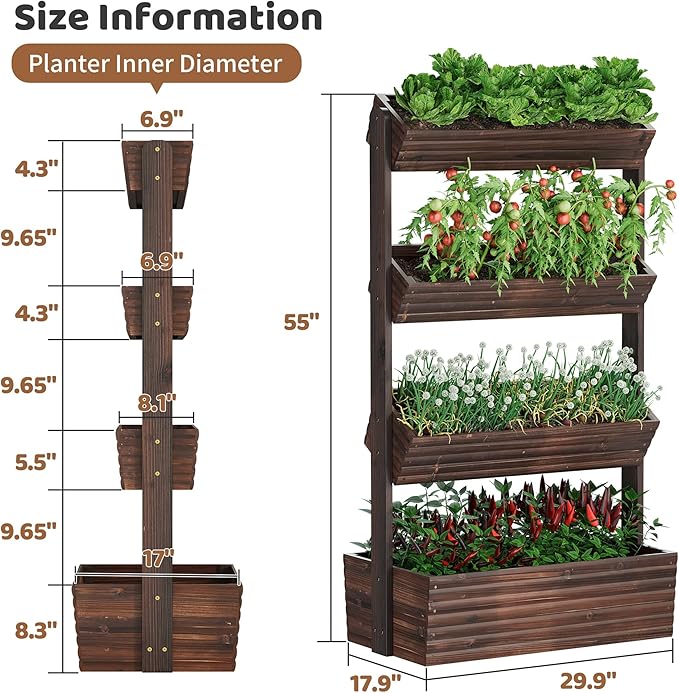FILWH Wooden Raised Garden Bed Vertical Planter Box, Freestanding Plant Stand for Indoor Outdoor Plants, Herbs, Flowers, Vegetables, Gardening (Carbonized, 4-Tier,29.9 x 17.9 x 55in)