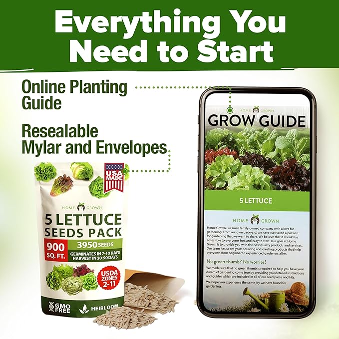 HOME GROWN 5 Lettuce Seed Pack 3950 Heirloom Vegetable Seeds for Indoor, Outdoor, or Hydroponic Growing Black Seeded Simpson, Red Romaine, Bibb, Buttercrunch, Iceberg Varieties (Lactuca Sativa)