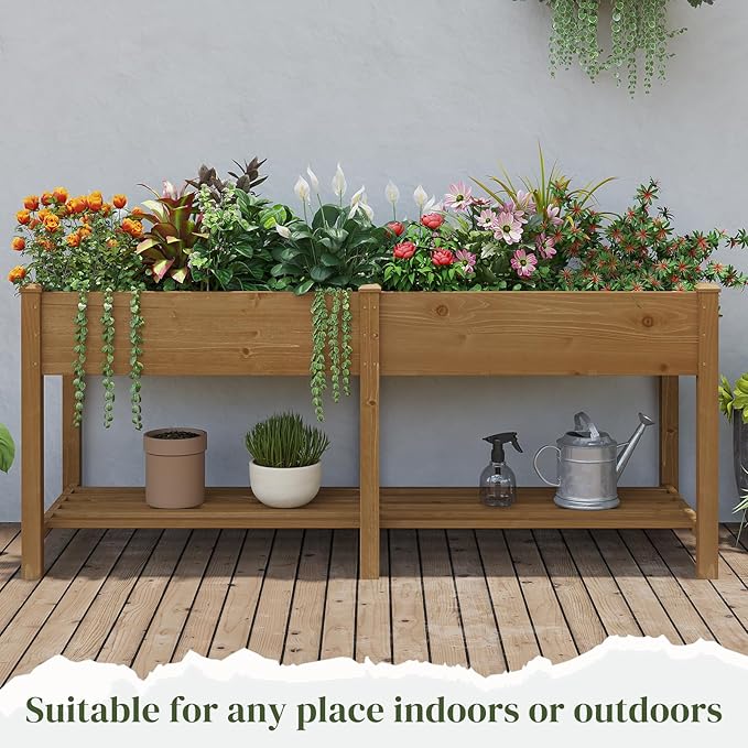 Wooden Raised Garden Bed, Planter Box with Legs, Garden Planter with Divider Bag for Backyard, Patio, Balcony, Planter Stand Box for Herbs and Vegetables (Brown-L)