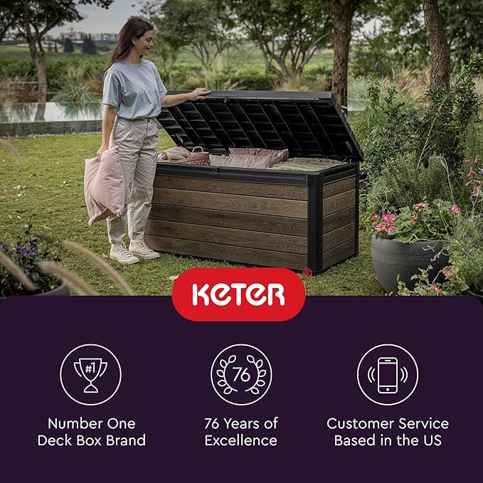 Keter Signature Collection 150 Gallon Resin Deck Box Organization and Storage Box for Patio Outdoor Cushions, Throw Pillows, Garden Tools and Pool Supplies, Walnut