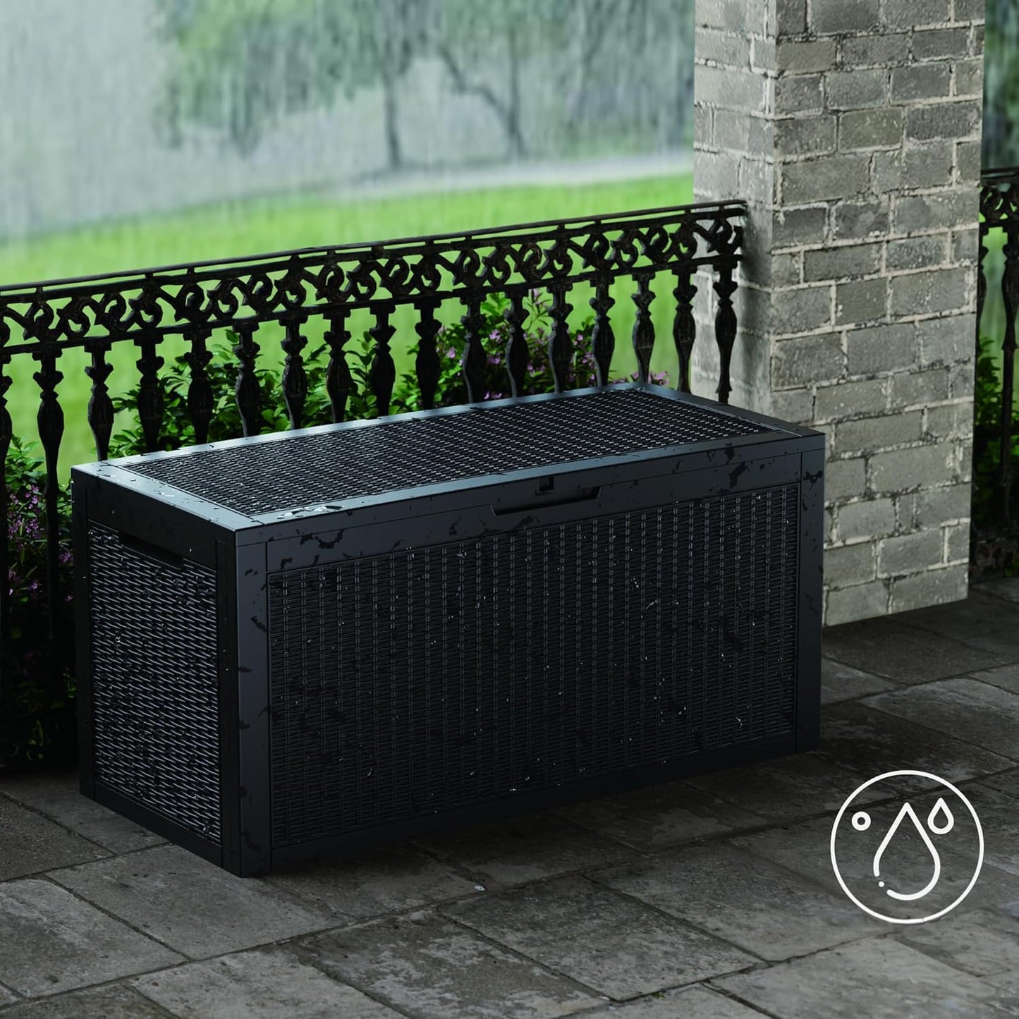 100 Gallon Deck Box, Resin Outdoor Indoor Waterproof Storage Box, Lockable Storage Box With Handle for Patio Furniture - Garden Tools - Swimming Pool Tools UV-Resistant, Black
