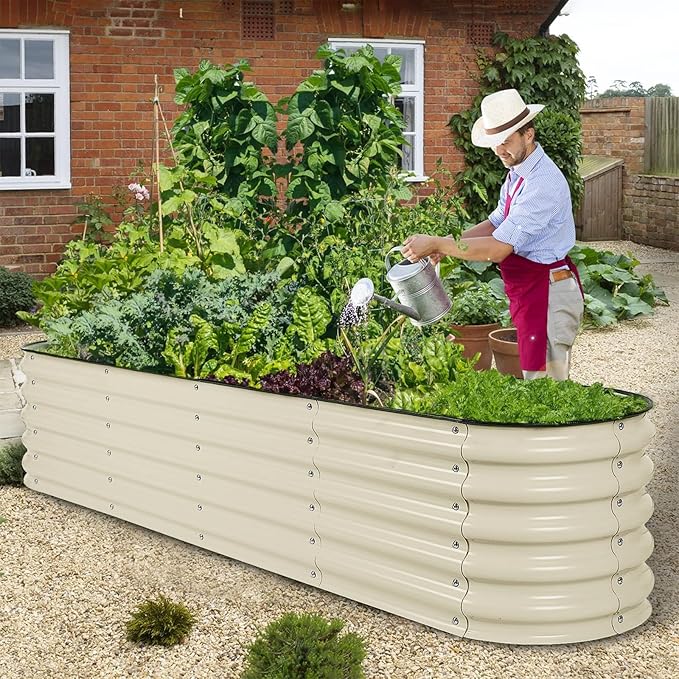 Aoodor 9-in-1 Modular Aluzinc Metal Raised Garden Bed, 89" L x 17.7" W x 17" H, Outdoor Planter Box for Vegetables, Flowers, and Herbs, Beige