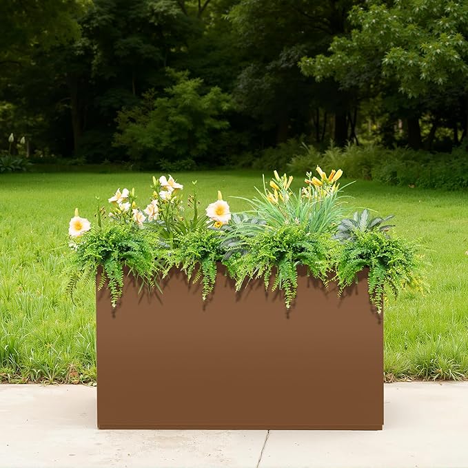 Large Metal Planter Box for Indoor & Outdoor Plants, Flowers, Rectangular Planters with Drainage Holes for Patio, Front Porch, All-Weather Use (32" L x 10" W x 16" H, Brown)