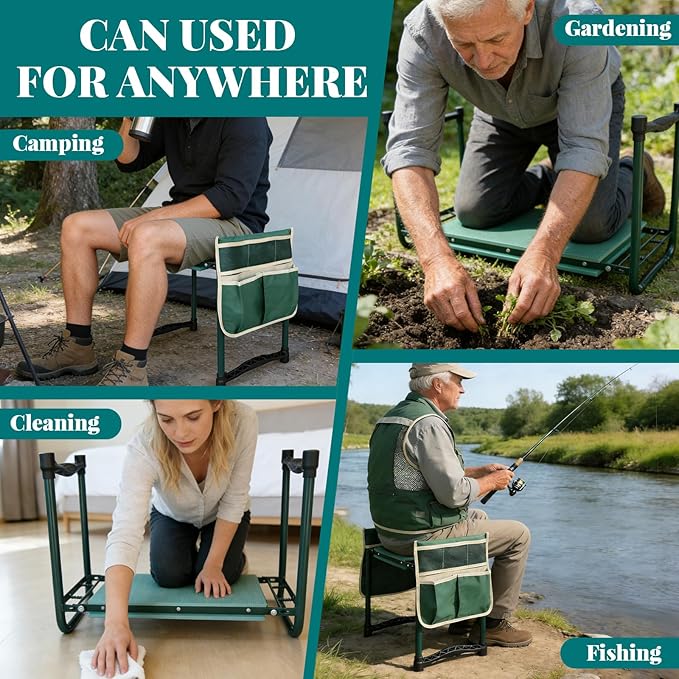 Heavy-Duty Garden Kneeler and Seat with Two Tool Bag Extra-Wide 11.02" Foldable Gardening Stool for Knee & Back Support | Non-Slip, Portable Bench for Women, Men, Seniors, Mom, Dad