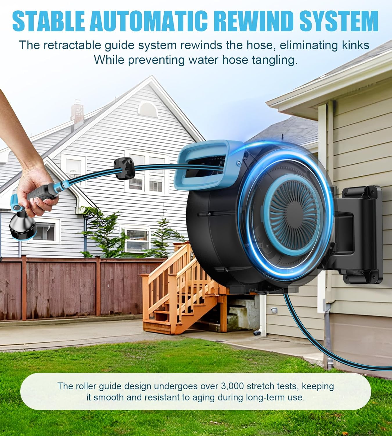 Retractable Garden Hose Reel, 65FT Portable Garden Hose with Reel, Hose Reel Wall Mount with 9-Pattern Nozzle, Automatic Rewind System, 180° Swivel Bracket, Any Length Lock (65FT)