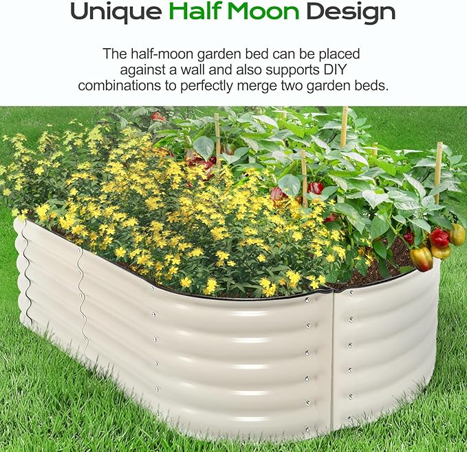 Aoodor 60"" L x 15"" W x 17"" H Galvanized Raised Garden Bed, Durable Half Moon Outdoor Planter Box for Vegetables, Flowers, and Herbs, Beige