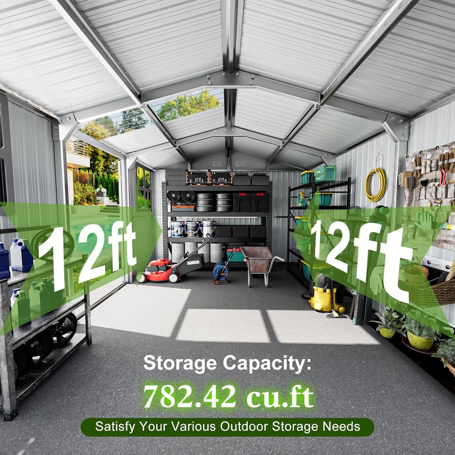12x10 FT Metal Sheds & Outdoor Storage: Heavy Duty Garden Sheds with Dual Transparent Panels, 2x4-Pane Windows & Hinged Double Doors, Weatherproof Tool Shed for Backyard, Garden, Patio, Grey/White