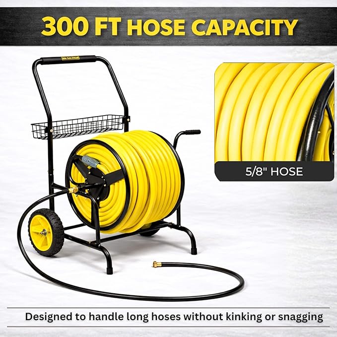 Hose Reel Cart, Hold Up to 300 ft of 5/8'', Garden Hose Cart with 2 Wheels, Heavy Duty Freestanding Water Hose Reels for Outside Garden Lawn Yard Outdoor (300ft Hose Capacity)