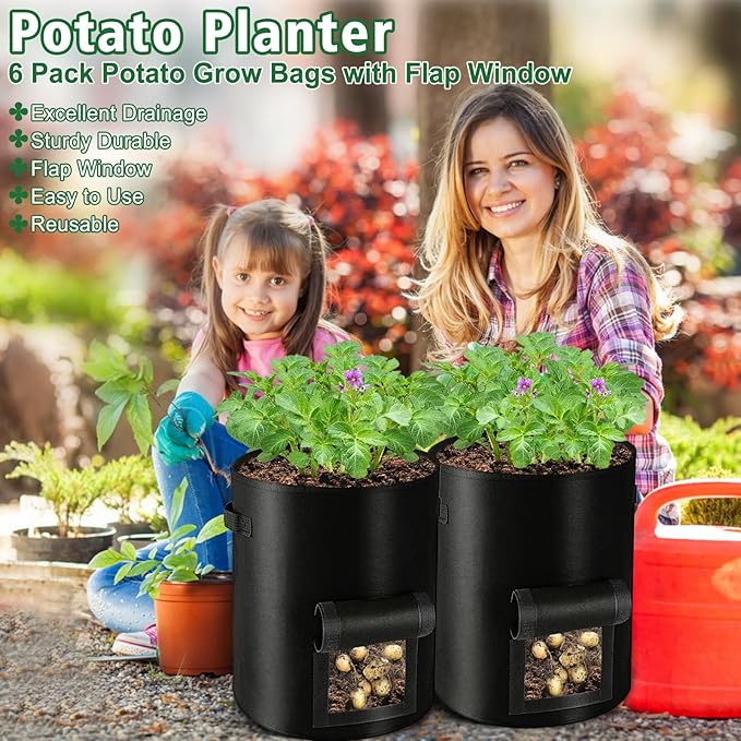 REMIAWY Potato Grow Bags, 10 Gallon 6 Pack Potato Bags for Growing Potatoes with Flap Harvest Window and Handle, Potato Planter Thickened Nonwoven Fabric Pots for Tomatoes Carrots Vegetables Fruits