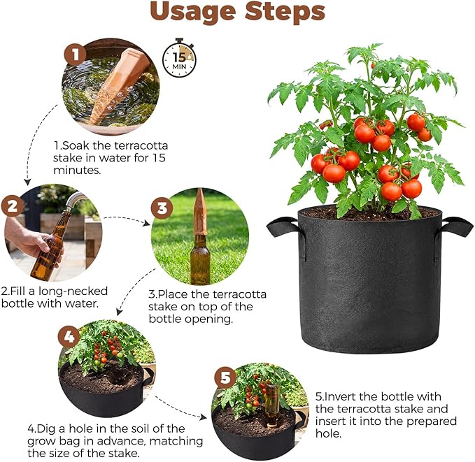 5-Pack 10 Gallon Grow Bags for Potato Tomatoes Vegetables, 5 Pack Terracotta Plant Self-Watering Stake Spike for Outdoor Indoor Plants, 300g Heavy Duty Thickened Nonwoven Fabric Cloth Pot Planting Bag