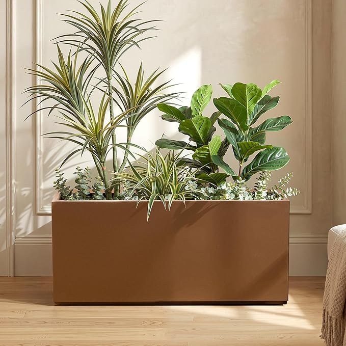 Metal Outdoor Planter Box, Rectangular Large Planters for Outdoor Plants with Drainage Holes for Patio, All-Weather Use, Rust-Resistance (38" L x 15" W x 16" H, Brown)