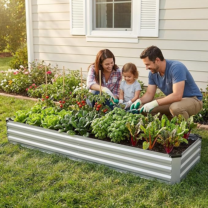 INNO STAGE Galvanized Raised Garden Bed Kits, 8x2x1ft Metal Raised Garden Beds Outdoor, Large Steel Raised Planter Bed with Gloves for Vegetables & Flowers Patio Ground Planter Box(Silver, 2PCS)