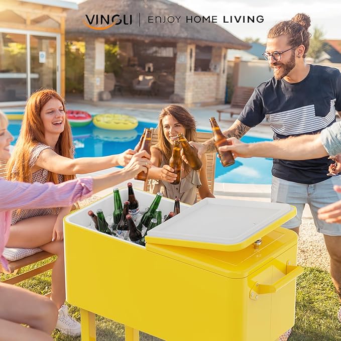 VINGLI 80 Quart Rolling Ice Chest, Portable Patio Party Bar Drink Cooler Cart, with Shelf, Beverage Pool with Bottle Opener