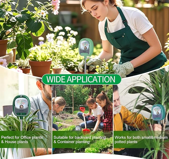 Soil Moisture Meter for Plants, 4-in-1 Soil Tester - pH/Fertility/Sunlight Meter, Large Dial, Indoor/Outdoor Plant Water Monitor, Garden Soil Test Kit for Lawn, Farm, Houseplants