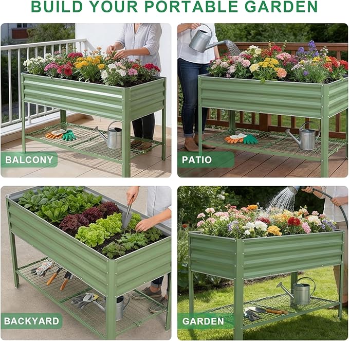 Elevated Raised Garden Bed with Legs, 48x24x32in Galvanized Planter Box Outdoor with Storage Rack & Drainage Holes, Large Metal Raised Beds for Gardening, Backyard, Patio, Balcony, Olive Green