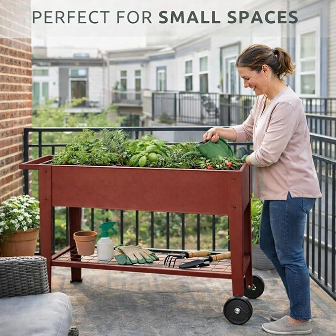 InSideOut Elevated 40" Raised Garden Bed Outdoor with Wheels & Shelf for Mobility, Metal Planter Box for Vegetables/Herbs, Patio-Balcony-Backyard (Red)
