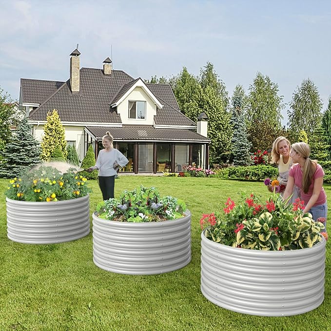 FRIZIONE Raised Garden Bed, 2-Pack 3FT(D) x2FT(H) Round Outdoor Planter Box for Flower, Herb, Vegetable - White
